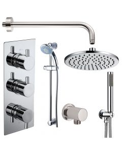 Electa Triple Round Concealed Thermostatic Shower Valve with Outlet Elbow, Sliding Rail Kit, Wall Arm, Fixed Head and Wall Mounted Shower Kit with Outlet