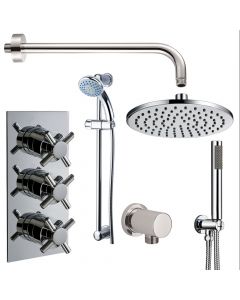 Krosse Triple Cross Top Concealed Thermostatic Shower Valve with Outlet Elbow, Sliding Rail Kit, Wall Arm, Fixed Head and Wall Mounted Shower Kit with Outlet