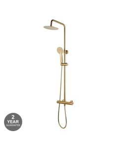 Noveua Islington Round Thermostatic Shower Mixer with Riser Rail Kit & Fixed Head - Brushed Brass