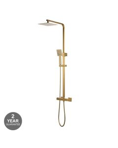 Noveua Mayfair Square Thermostatic Shower Mixer with Riser Rail Kit & Fixed Head - Brushed Brass