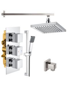Cubex Triple Square Concealed Thermostatic Shower Valve with Outlet Elbow, Sliding Rail Kit, Wall Arm and Fixed Head