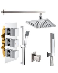 Cubex Triple Square Concealed Thermostatic Shower Valve with Outlet Elbow, Sliding Rail Kit, Wall Arm, Fixed Head and Wall Mounted Shower Kit with Outlet