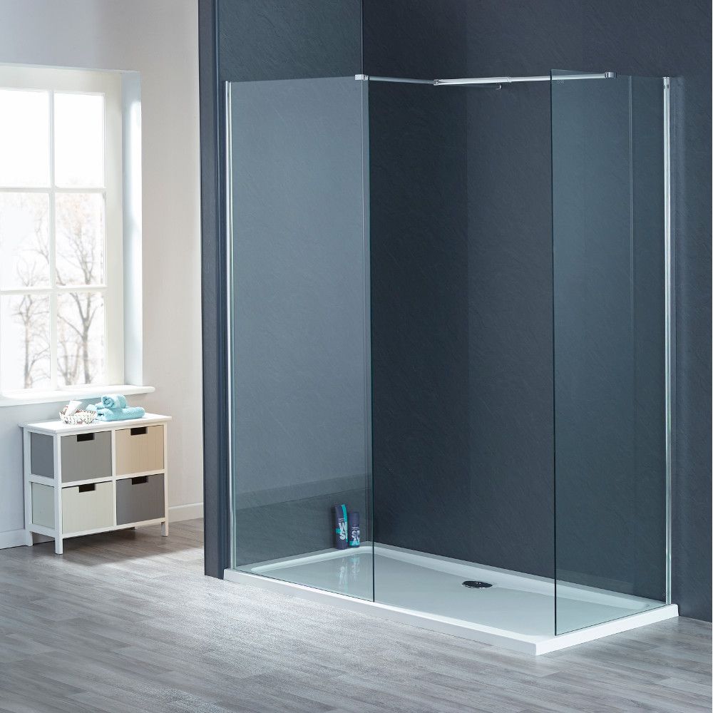 ELEGANT 700mm Wet Room Shower Enclosure Easy Clean Screen Panel with 800x1200mm Walk in Stone Shower Tray and Waste 