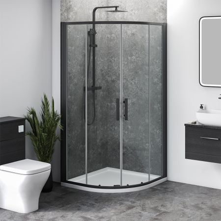 1200mm x 900mm Double Sliding Door Black Offset Quadrant Shower Enclosure and Shower Tray (Includes Free Shower Tray Waste)