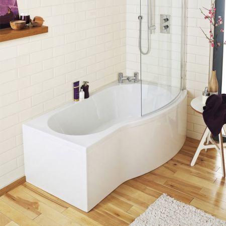Nuie B Shaped Shower Bath with Front Panel & Screen 1500mm x 900mm Right Hand