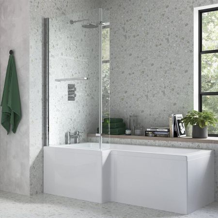 Luxury L Shaped Bath Screen Silver / Clear with Towel Rail