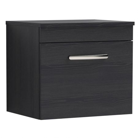 Nuie Athena 600mm Wall Hung Cabinet And Worktop - Charcoal Black Woodgrain