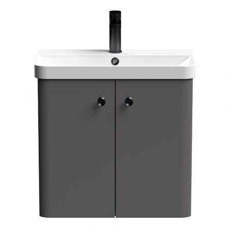 Nuie Core 600mm 2 Door Wall Hung Vanity Unit With Basin & Round Knob - Gloss Grey