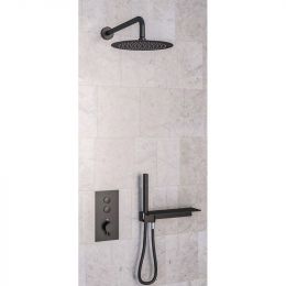 Eastbrook Two Outlet Thermostatic Shower Mixer with Fixed Head, Shower Shelf & Handset - Matt Black