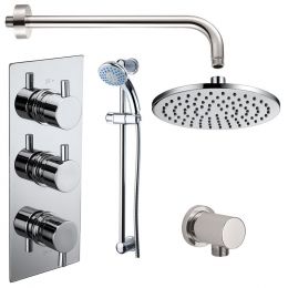Electa Triple Round Concealed Thermostatic Shower Valve with Outlet Elbow, Sliding Rail Kit, Wall Arm and Fixed Head