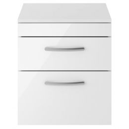 Nuie Athena 500mm 2 Drawer Wall Hung Cabinet & Worktop - Gloss White