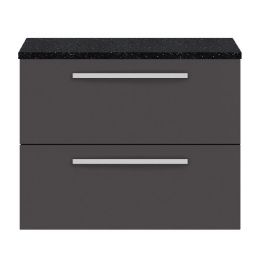 Hudson Reed Quartet 720mm 2 Drawer Wall Hung Cabinet & Sparkling Black Worktop - Gloss Grey