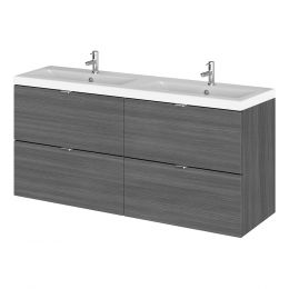 Hudson Reed Fusion Wall Hung 1200mm 4 Drawer Vanity Unit & Double Ceramic Basin - Anthracite Woodgrain