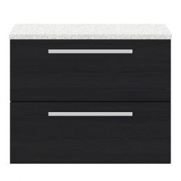 Hudson Reed Quartet 760mm 2 Drawer Wall Hung Cabinet & Sparkling White Worktop - Charcoal Black