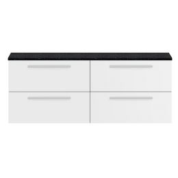 Hudson Reed Quartet 1440mm Double Wall Hung Cabinet & Sparkling Black Worktop - Gloss White
