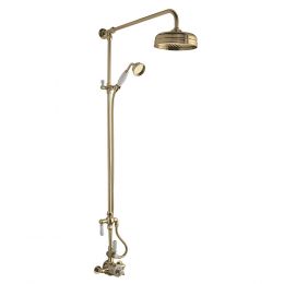 Hudson Reed Traditional Thermostatic Shower Valve with Rigid Riser Kit and Diverter & Fixed Head - Brushed Brass