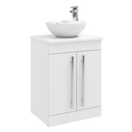 Kartell Purity 600mm Freestanding 2 Door Vanity Unit with Ceramic Worktop & Bowl - White Gloss