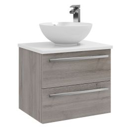 Kartell Purity 600mm Wall Mounted 2 Drawer Vanity Unit with Ceramic Worktop & Bowl - Silver Oak