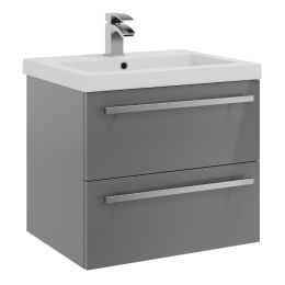 Kartell Purity 600mm Wall Mounted 2 Drawer Vanity Unit & Mid Depth Basin - Storm Grey Gloss