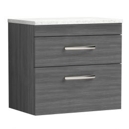 Nuie Athena 600mm 2 Drawer Wall Hung Cabinet & Sparkling White Worktop - Anthracite Woodgrain