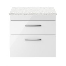 Nuie Athena 600mm 2 Drawer Wall Hung Cabinet & Sparkling White Worktop - Gloss White