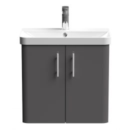 Nuie Core 600mm 2 Door Wall Hung Vanity Unit With Basin & Knurled Bar Handle - Gloss Grey