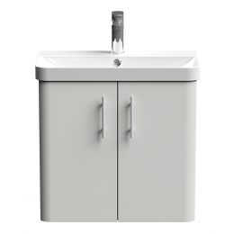 Nuie Core 600mm 2 Door Wall Hung Vanity Unit With Basin & Knurled Bar Handle - Gloss Grey Mist